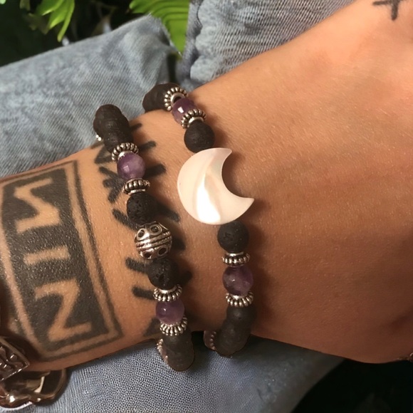 Amethyst moon bracelet . Lava rock genuine mother of pearl moon charm set - Picture 2 of 7